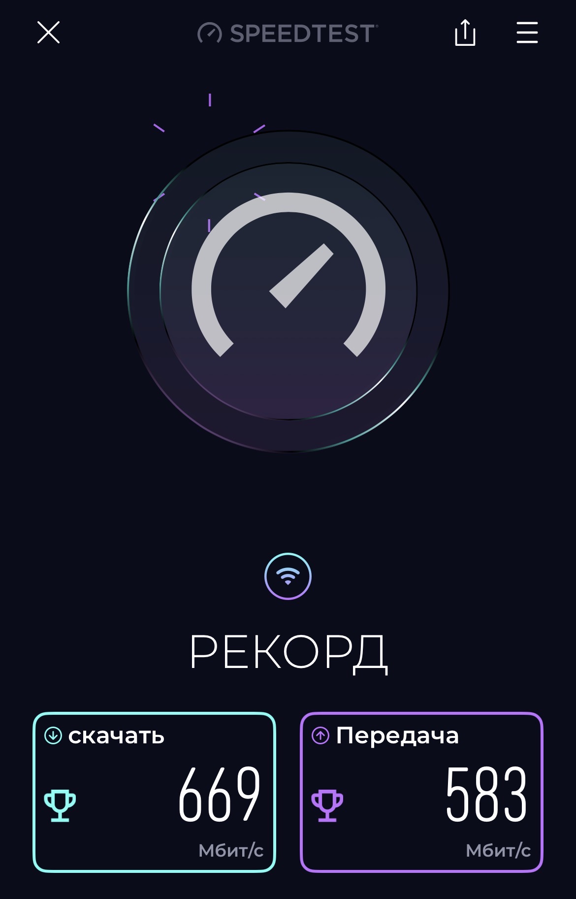 Результат проверки скорости оптоволоконного интернета на Самуи — 669 Мбит/с на скачивание и 583 Мбит/с на передачу